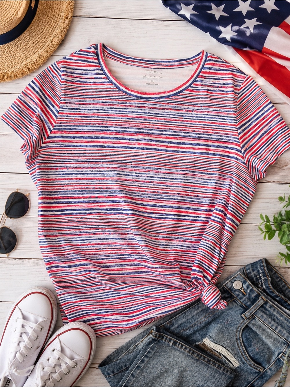Studio Works Red White Blue Striped T-Shirt XL 100% Cotton